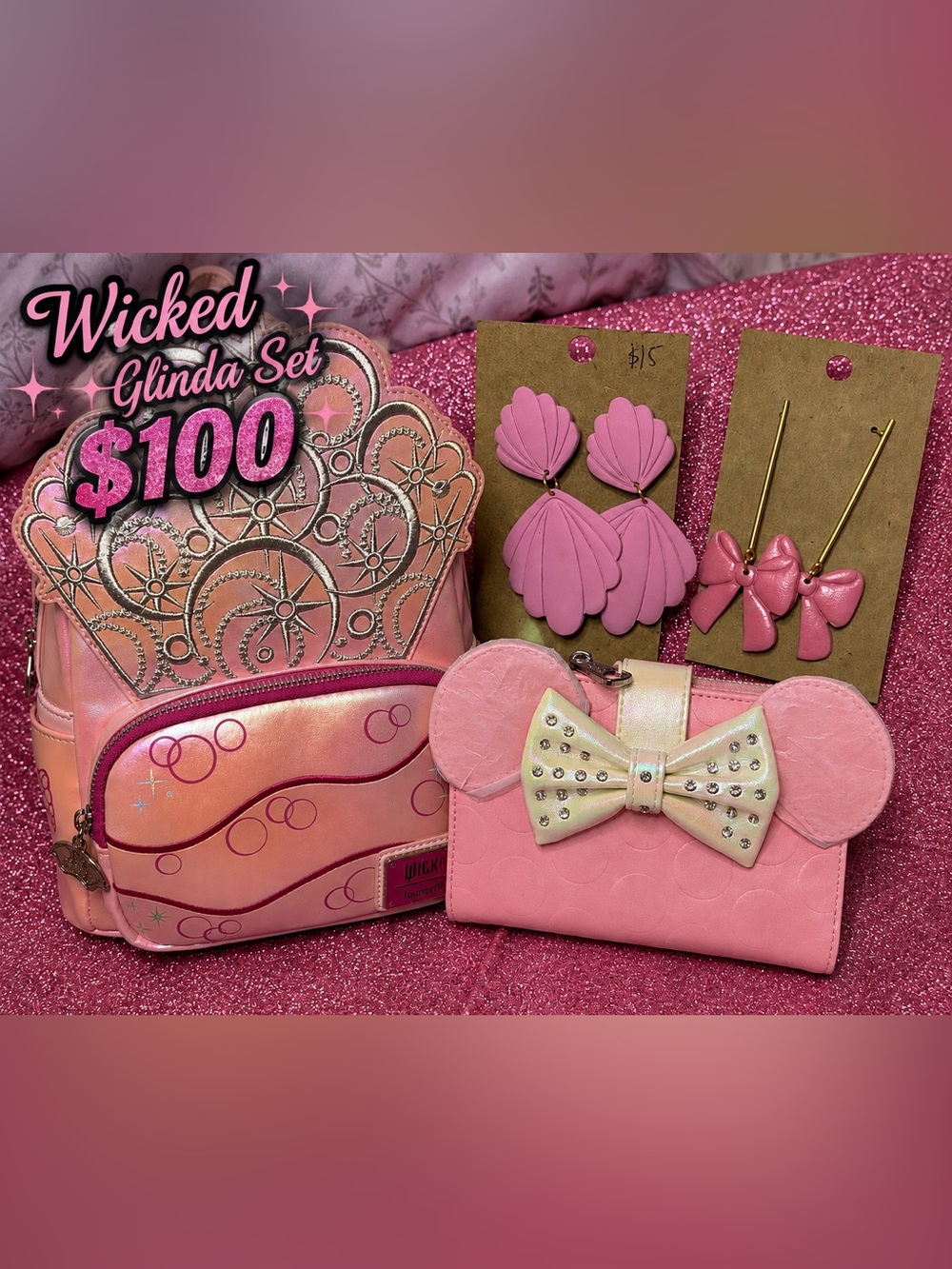 Glinda Bag + 2 Clay Earrings + Minnie Bow Wallet